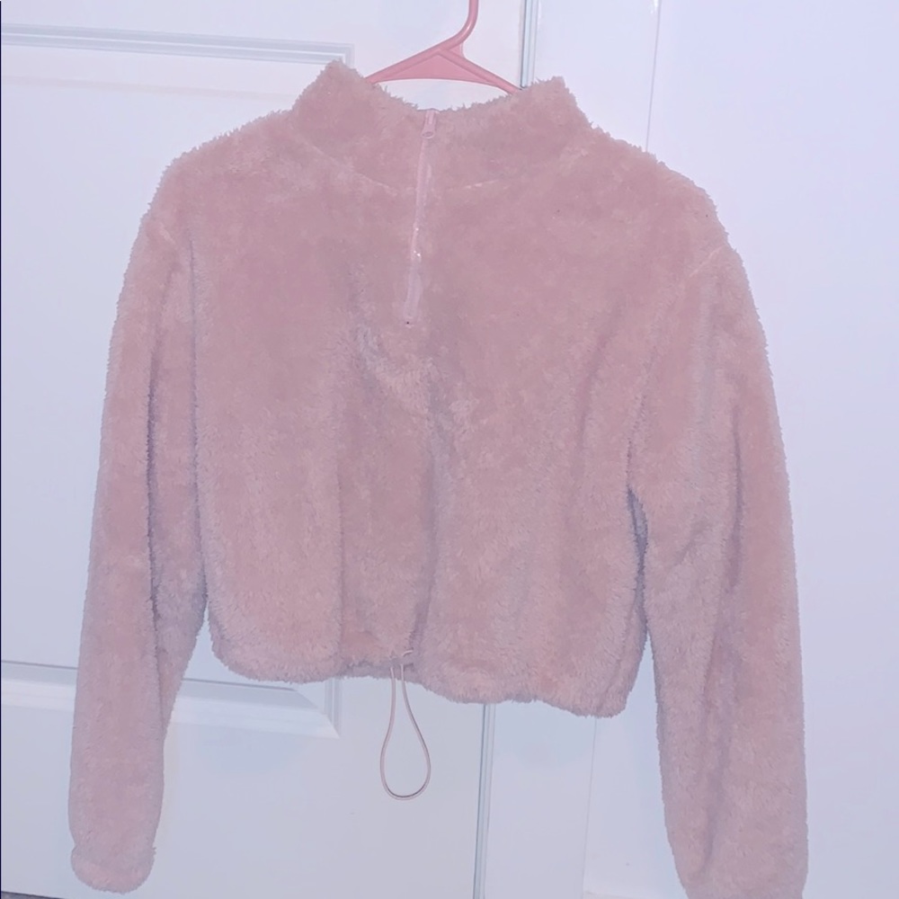 Light pink fuzzy half-zip sweater